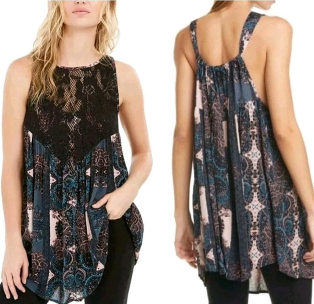 Free People Top Womens Medium Count Me In Trapeze Paisley Mini Dress Tunic Black